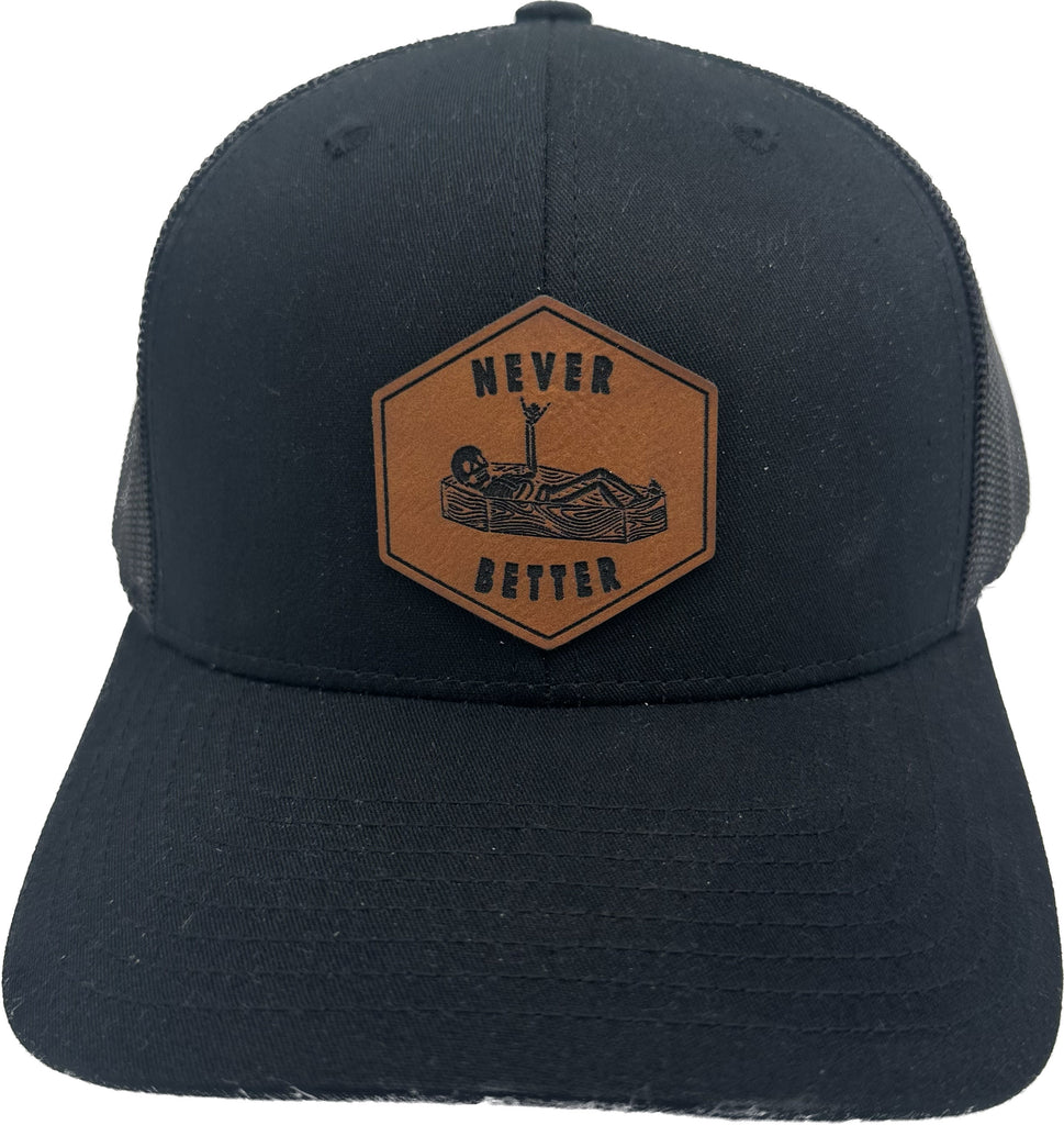 Never Better Shaka Skeleton in a Coffin Leather Patch Trucker Snapback Hat by Ink Trendz, Funny Halloween Hat, Christmas Hat, Dark Humor Hat, Over Stimulated moms, Over Stimulated moms hat