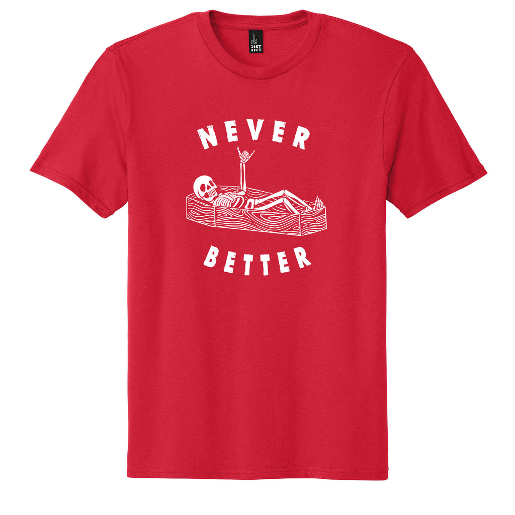 Ink Trendz Never Better Skeleton in The Coffin Shaka Unisex Men’s & Women’s Graphic T-Shirt, Overstimulated Moms T-shirt,  Overstimulated  Dads T-shirt, Overstimulated moms club, Halloween t-shirt, Skeleton T-shirt, Funny T-Shirt, I'm Dead T-Shirt, Amazon Never Better T-shirt, Temu T-Shirt, Halloween Graphic T-Shirt, Mothers Day T-Shirt Red