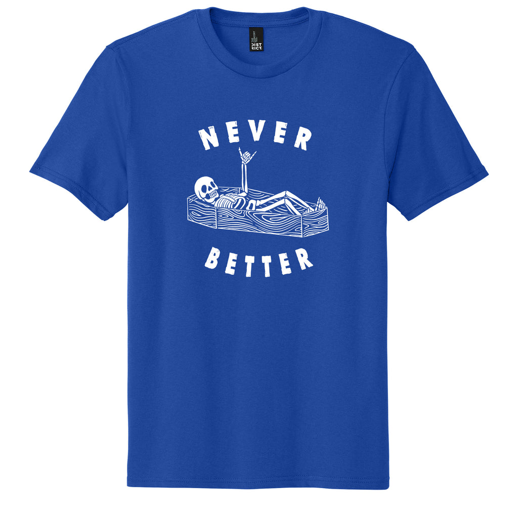 Ink Trendz Never Better Skeleton in The Coffin Shaka Unisex Men’s & Women’s Graphic T-Shirt, Overstimulated Moms T-shirt,  Overstimulated  Dads T-shirt, Overstimulated moms club, Halloween t-shirt, Skeleton T-shirt, Funny T-Shirt, I'm Dead T-Shirt, Amazon Never Better T-shirt, Temu T-Shirt, Halloween Graphic T-Shirt, Mothers Day T-Shirt Royal Blue