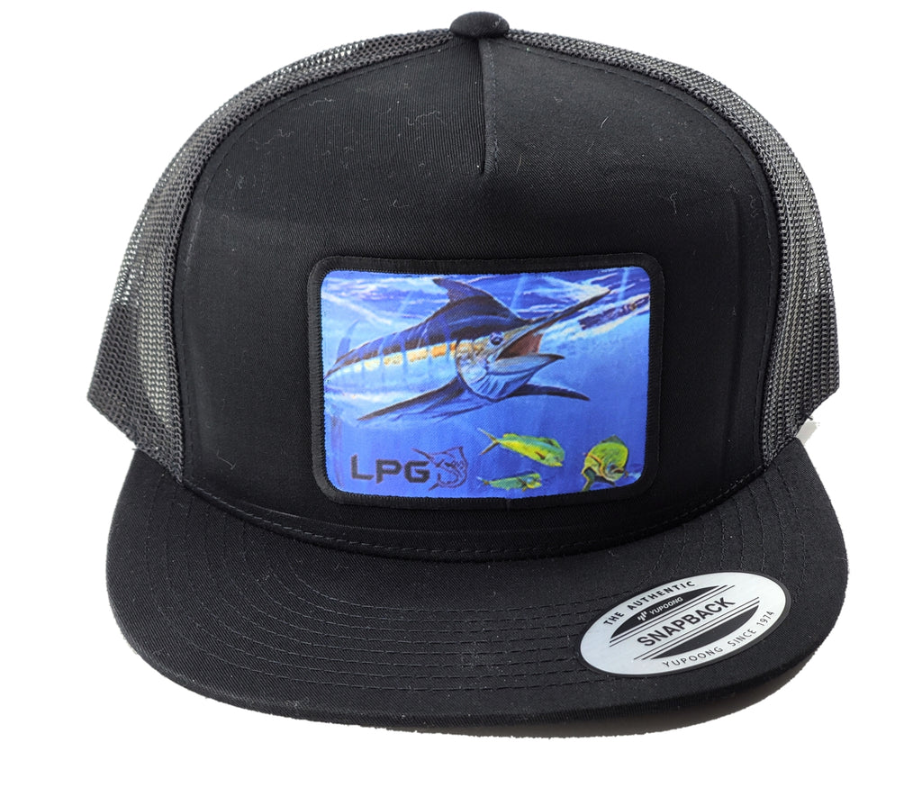 LPG Apparel Co. Mark Ray Blue Marlin Bill Buster Classic Snapback Flat Brim Trucker Fishing Hat, Offshore Fishing Hat, Big Game Fishing Hat, Lobo Lures Hat, MArlin Hat, Marlins Hat, Blue Marlin Hat Dorado Hat, Fishing Baseball Hat, Fishing Baseball Cap