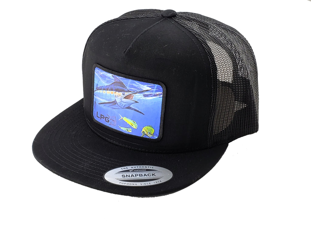 LPG Apparel Co. Mark Ray Blue Marlin Bill Buster Classic Snapback Flat Brim Trucker Fishing Hat, Offshore Fishing Hat, Big Game Fishing Hat, Lobo Lures Hat, MArlin Hat, Marlins Hat, Blue Marlin Hat Dorado Hat, Fishing Baseball Hat, Fishing Baseball Cap