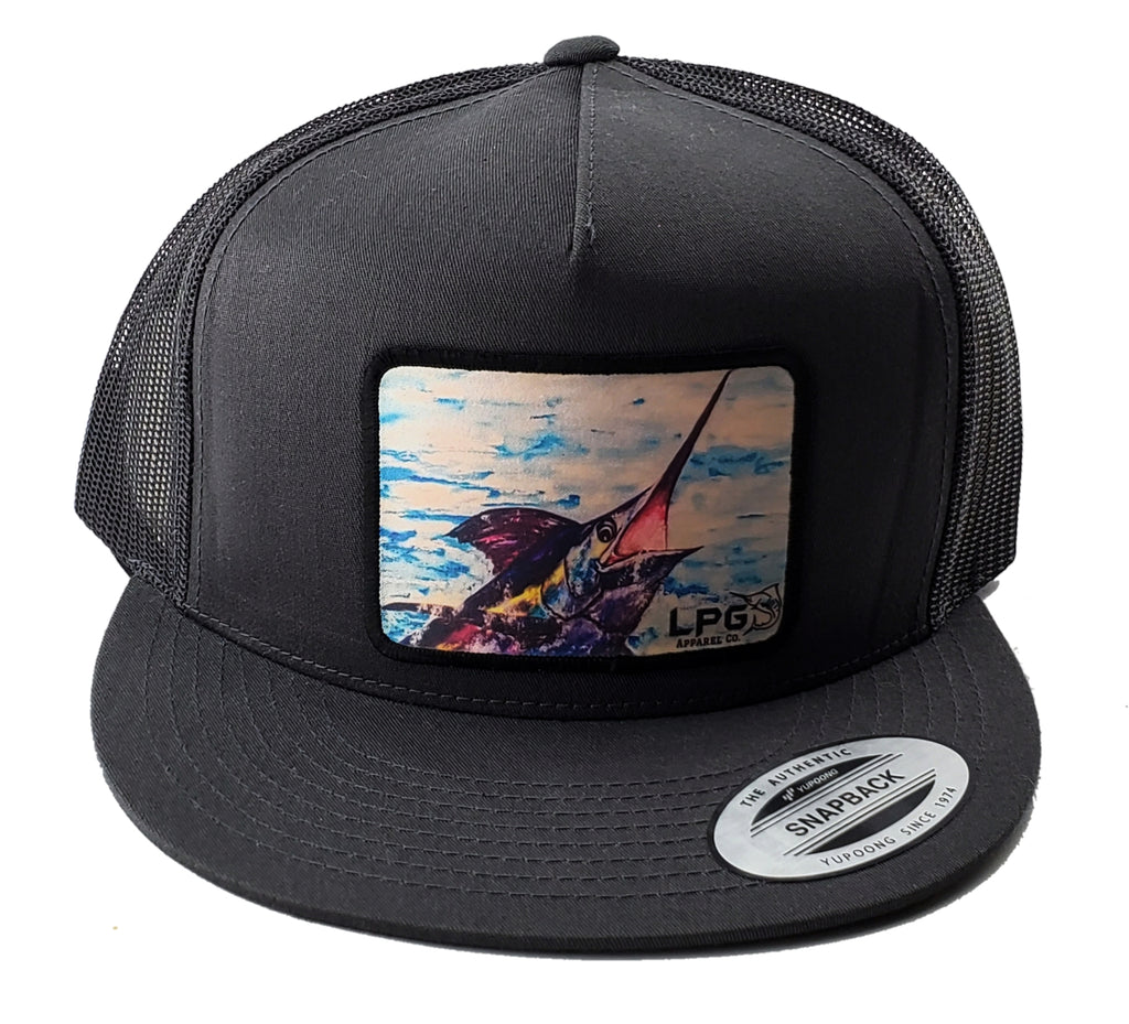 LPG Apparel Co. Isabel Paula Blue Marlin Bill Buster Classic Snapback Flat Brim Trucker Fishing Hat, Offshore Fishing Hat, Big Game Fishing Hat, Lobo Lures Hat, MArlin Hat, Marlins Hat, Blue Marlin Hat Dorado Hat, Fishing Baseball Hat, Fishing Baseball Cap