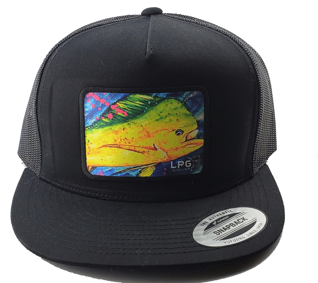 LPG Apparel Co. Mahi Vibes Splatter Classic Snapback Flat Brim Trucker Fishing Hat, Offshore Fishing Hat, Big Game Fishing Hat, Lobo Lures Hat, Mahi-mahi Hat, Dorado Hat, Fishing Baseball Hat, Fishing Baseball Cap