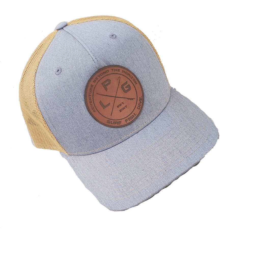 LPG Apparel Co. Crossed Gaff & Surfboard Surf. Fish. Dive. Signature Leather Patch Baseball Hat Col. Heather Grey Amber Gold Richardson 115FP Five Pannel Hat, Fishing Hat, Surf Hat, Surf Apparel, Fishing Apparel, Fishing T-Shirt, Surf Hats, Dive Hat, Diving Hat, Dive Apparel