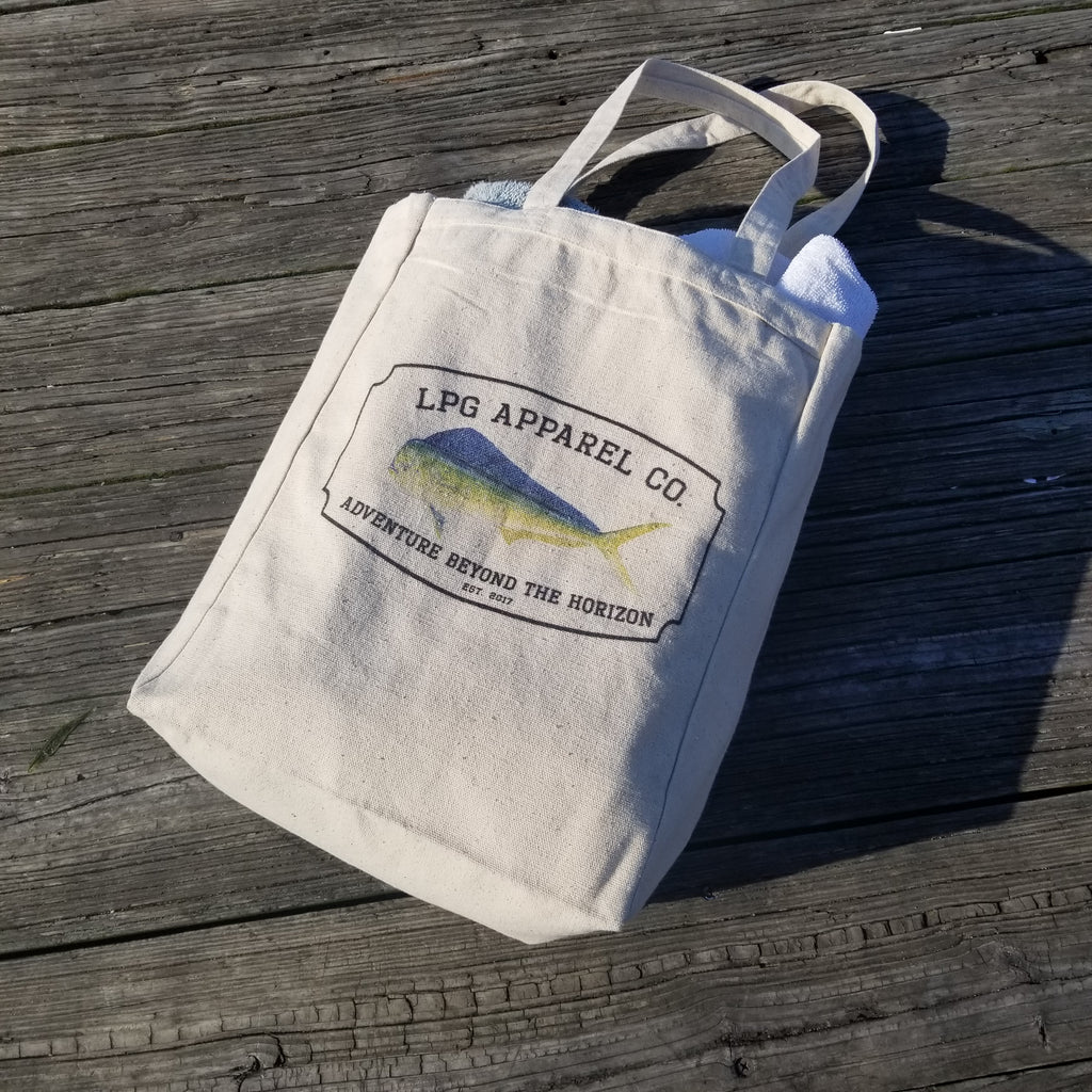 LPG Apparel Co. Mahi-Mahi Surf. Fish. Dive.  10oz. Natural Canvas Cotton Tote, Fishing themed tote Bag, Mahi Tote Bag, Mah Mahi Gear, Fishing Bag, Fishing themed lunch Bag 