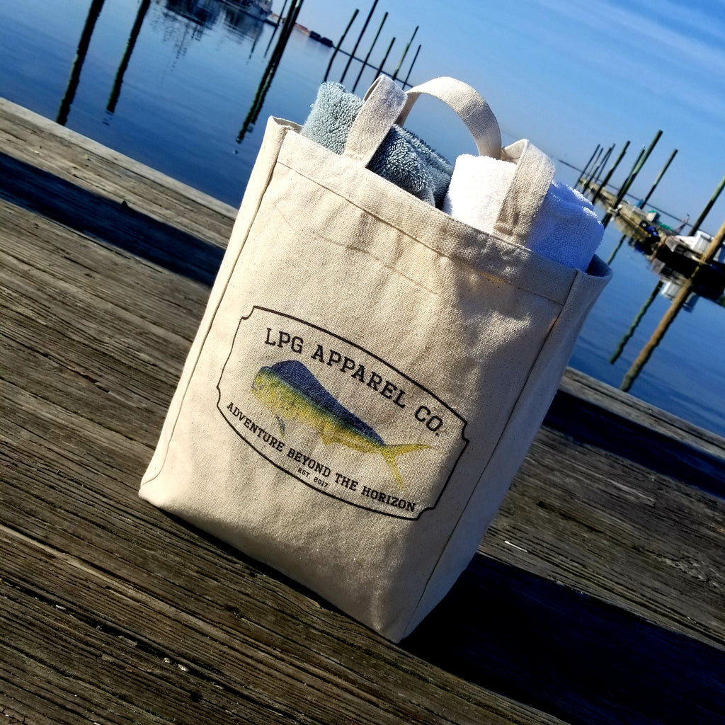 LPG Apparel Co. Mahi-Mahi Surf. Fish. Dive.  10oz. Natural Canvas Cotton Tote, Fishing themed tote Bag, Mahi Tote Bag, Mah Mahi Gear, Fishing Bag, Fishing themed lunch Bag, Fishermens gift, Fishing Gift