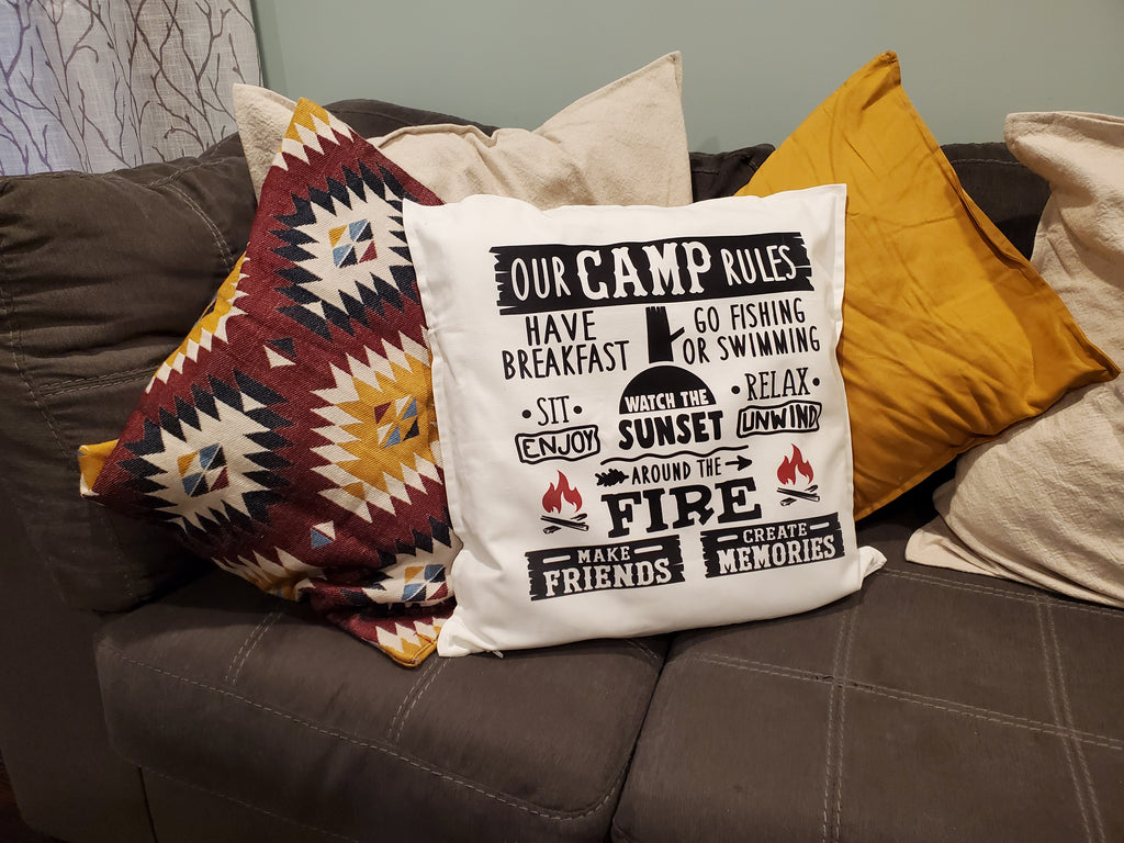 Our Camp Rules Throw Pillow Home Decor Staged