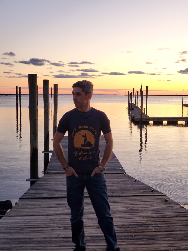 My arm is in a cast Fishing T-Shirt during a Sunset photo shoot