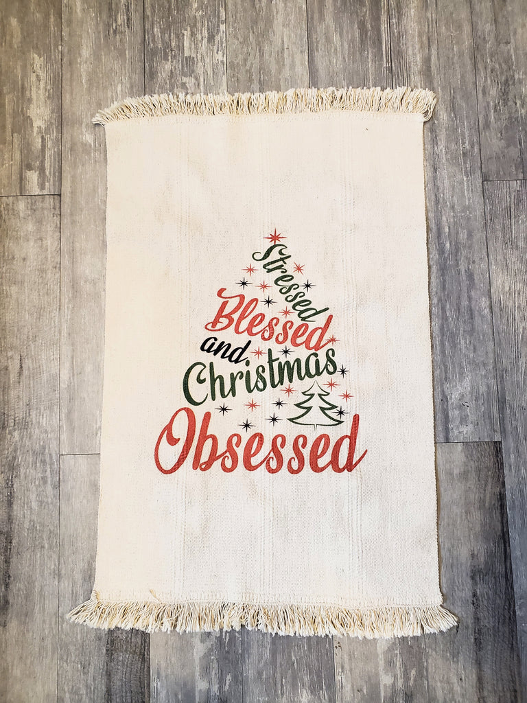Ink Trendz® Stressed Blessed and Christmas Obsessed Flat Woven Natural Cotton Rug