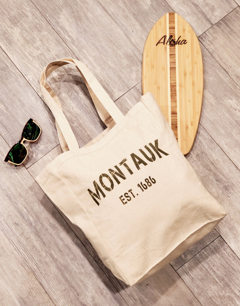 Ink Trendz® Montauk Grunge Stencil Est 1686 10oz. Natural Canvas Cotton Tote, Reusable Tote Bags, Reusable Grocery Bag, Long Island Tote, Boat Tote, Fishing Tote, Preppy Tote bag, Preppy Tote with Costa and cutting board props