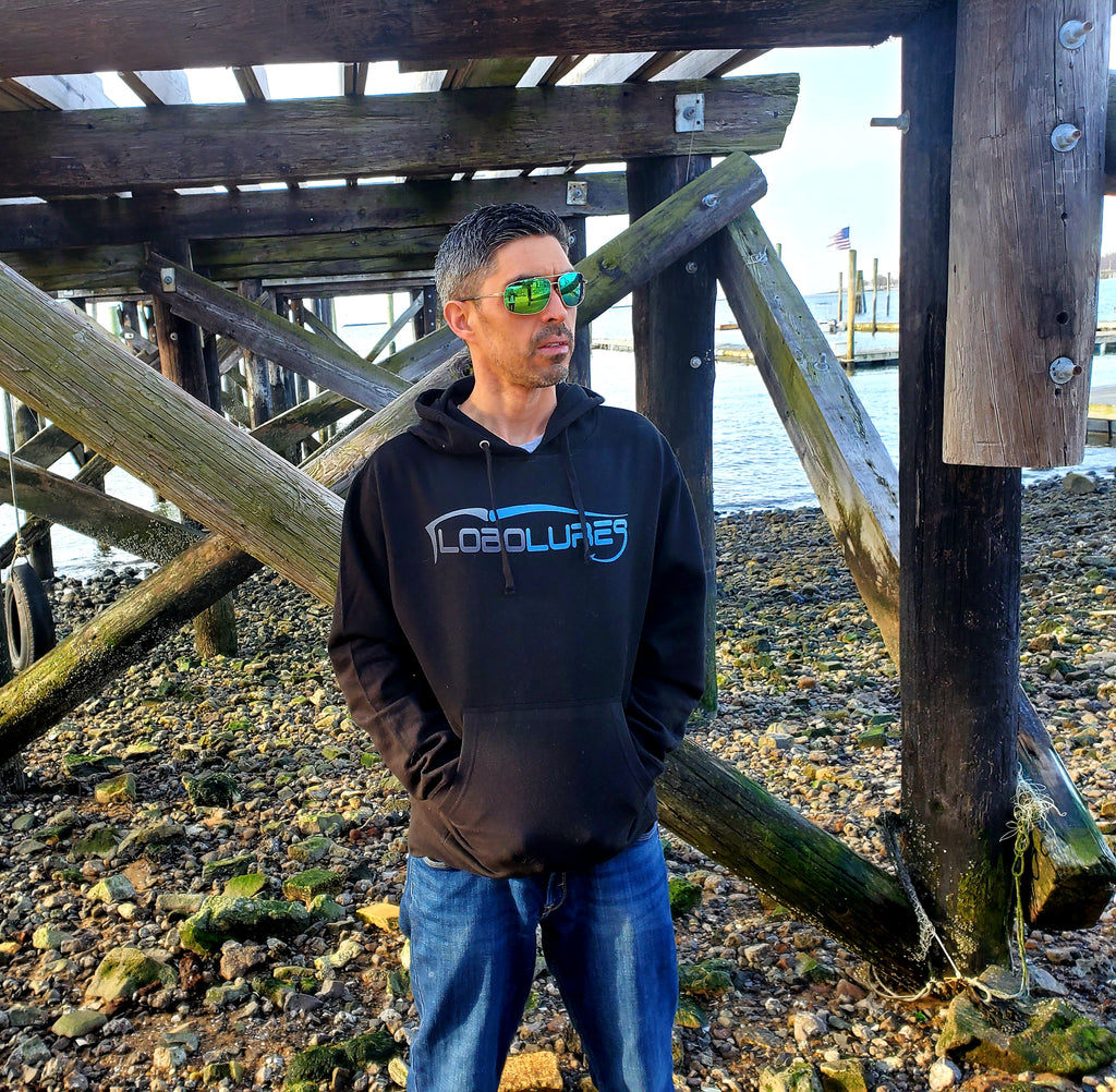 Lobo Lures Signature Logo Sport Fishing Mid-Weight Hoodie Sweater, Fishign Hoodies, Fishing T-Shirt Wearing Costa Sunglasses at the Marina