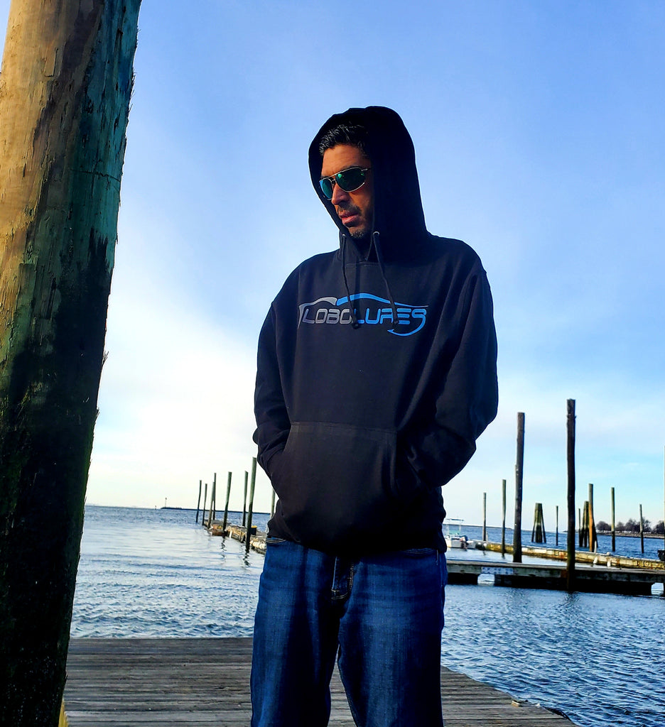 Lobo Lures Signature Logo Sport Fishing Mid-Weight Hoodie Sweater, Fishign Hoodies, Fishing T-Shirt Wearing Costa Sunglasses at the Marina