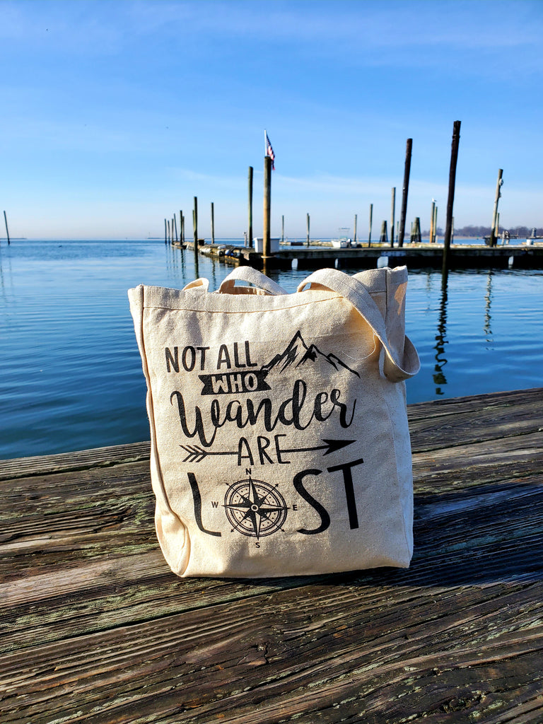 Ink Trendz® Not All Who Wander Are Lost Compass Farmers Market 10oz. Natural Canvas Cotton Tote Reusable Shopping Tote Bags