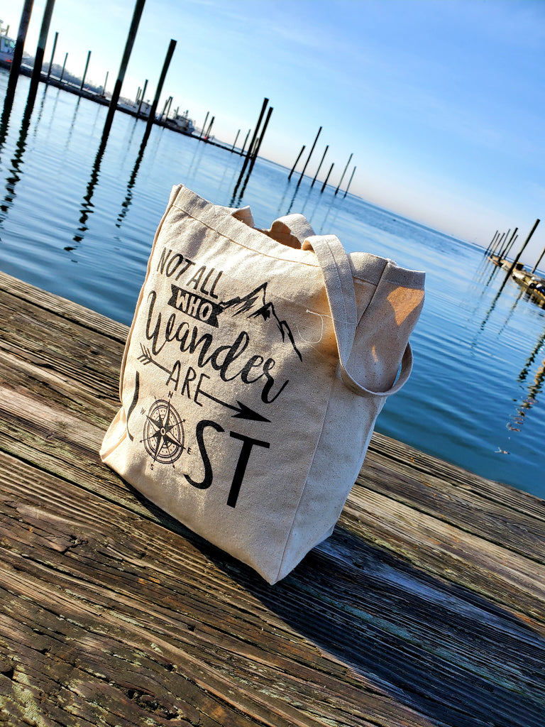 Ink Trendz® Not All Who Wander Are Lost Compass Farmers Market 10oz. Natural Canvas Cotton Tote