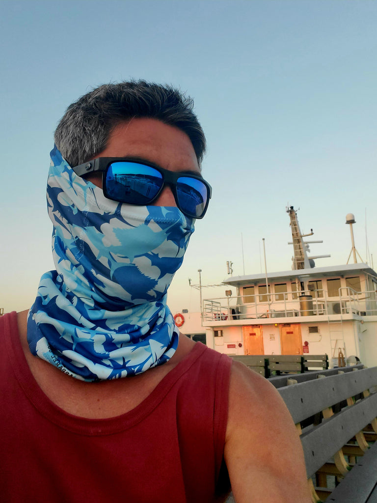 LPG Apparel Co. Large Mouth Bass Camouflage Blue Ocean UPF 30 Neck Gaiter Face Mask, Buff, Hoorag, Hunting Hoorag, Hunting Face Cover, Deer Hunting, Duck Hunting, Fishing Face Cover, Fishing Apparel, Pelagic Face Cover