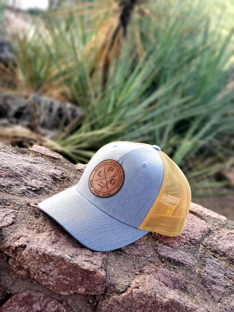 LPG Apparel Co. Crossed Gaff & Surfboard Surf. Fish. Dive. Signature Leather Patch Baseball Hat Col. Heather Grey Amber Gold Richardson 115FP Five Pannel Hat, Fishing Hat, Surf Hat, Surf Apparel, Fishing Apparel, Fishing T-Shirt, Surf Hats, Dive Hat, Diving Hat, Dive Apparel