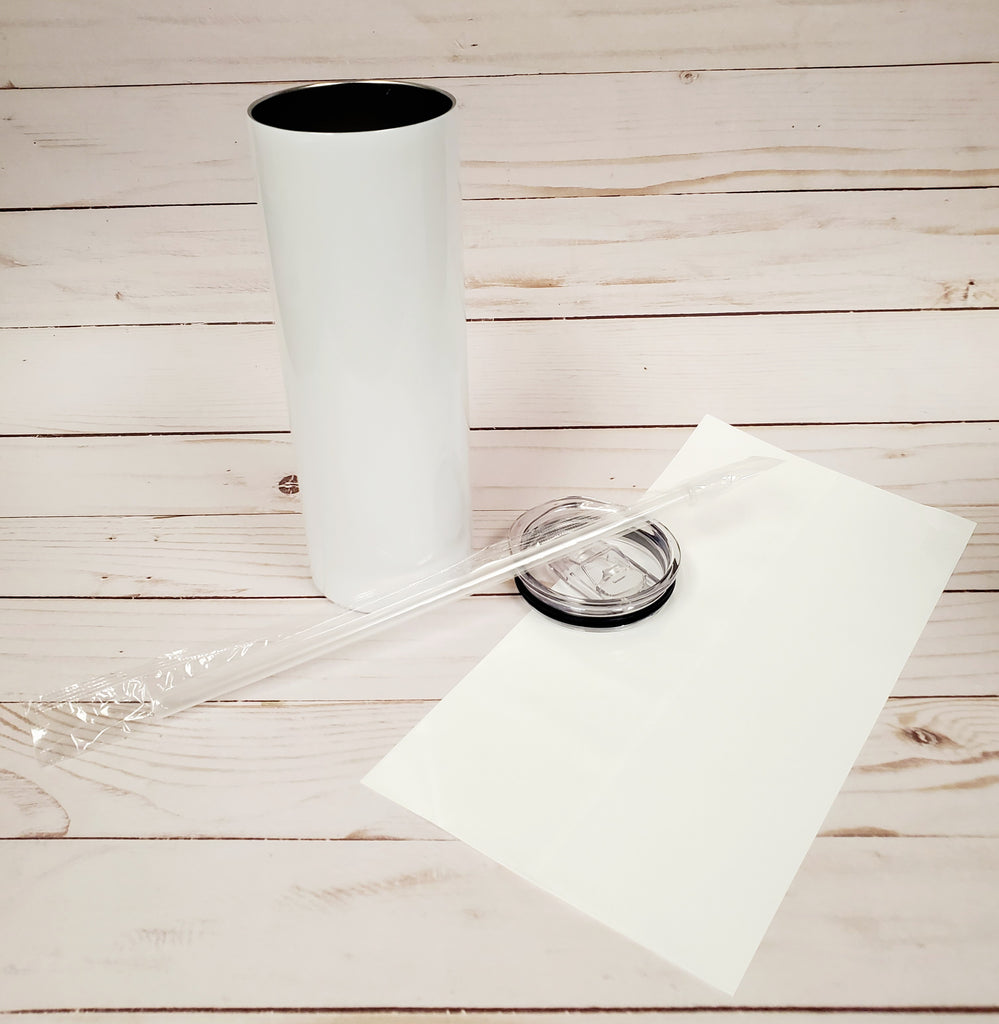 Blank STRAIGHT 20 oz Gloss White Sublimation Tumbler (Non-Tapered) with Straw and Heat-shrink