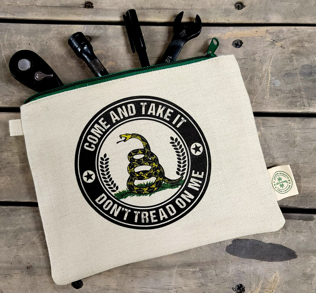 Ink Trendz® Don't Tread On Me Come & Take It Gadsden Hemp Canvas Zipper Pouch Bag, Patriotic Makeup bag, Patriotic small tools Bag