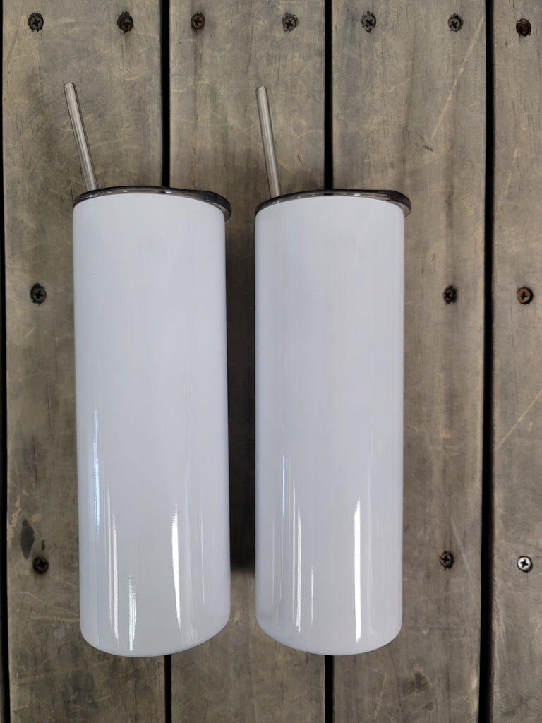 2 Pack Blank STRAIGHT 20 oz Gloss White Sublimation Tumbler (Non-Tapered) with Straw and Heat-shrink