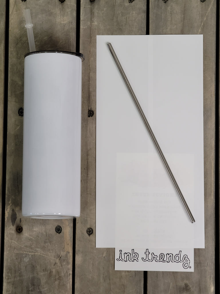 2 Pack Blank STRAIGHT 20 oz Gloss White Sublimation Tumbler (Non-Tapered) with Straw and Heat-shrink