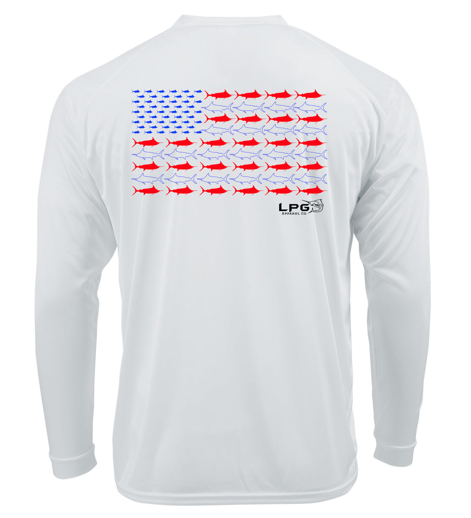 LPG Apparel Co. Americano Marlin USA Flag Unisex UPF 50 Dri-Fit Performance Rashguard T-Shirt HUK, AFTCO, IMPERIUM OUTFITTERS, FISHING APPAREL, LOBO LURES, BLACKBART T_SHIRT