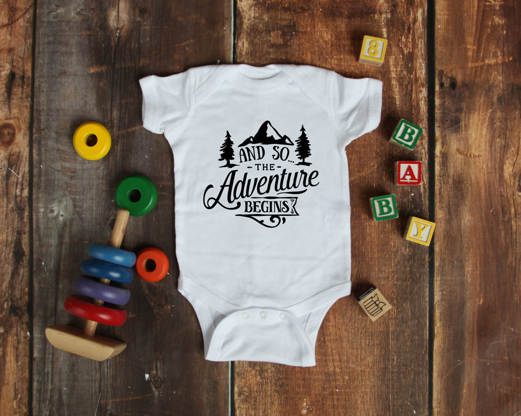 Ink Trendz® And So The Adventure Begins Baby Pregnancy Announcement Baby Bodysuit One piece Romper Baby announcement, pregnancy Reveal