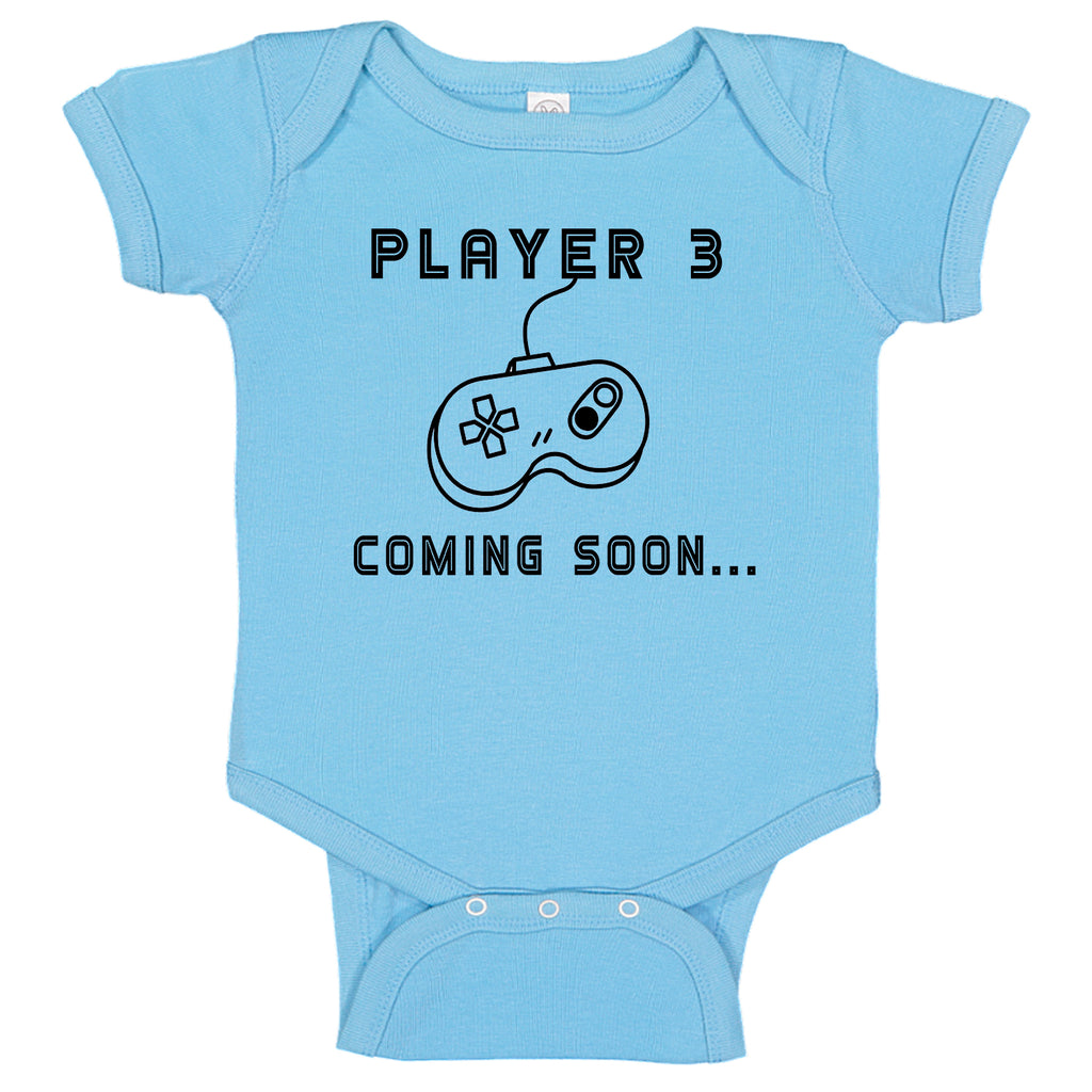 Ink Trendz® Player 3 Coming Soon.. Gamer Funny Pregnancy Reveal Novelty One-Piece Baby Bodysuit