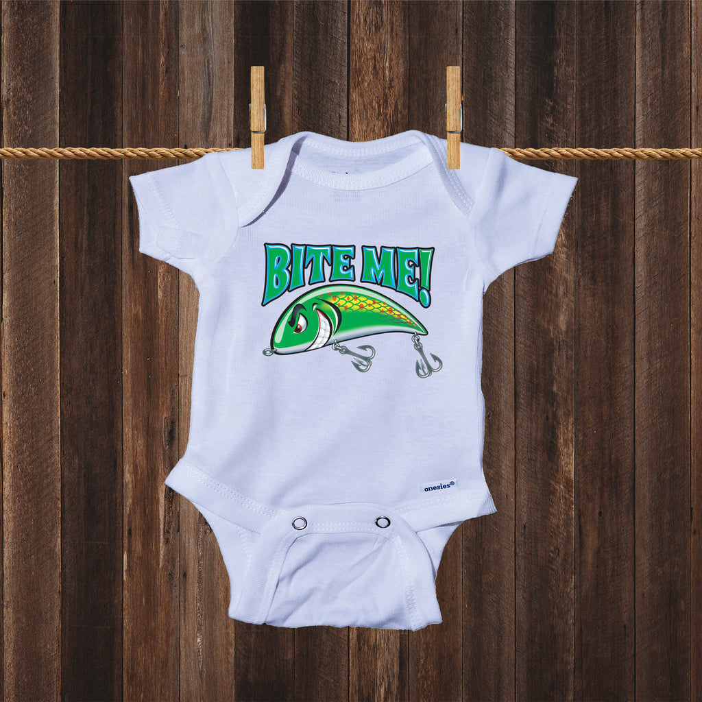 Ink Trendz Bite Me Angry Crank Bait Lure Fishing Themed One-Piece Bodysuit, fishing onesie, fishermen onesie, fisherman onesie, fishing baby, fishing baby apparel, Fishing Baby onesie, fishing onesie