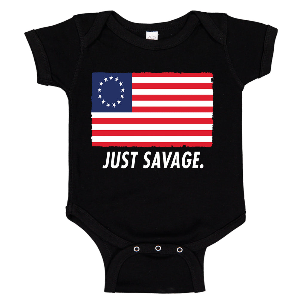 Just Savage. Betsy Ross Patriotic Premium Baby Romper Bodysuit