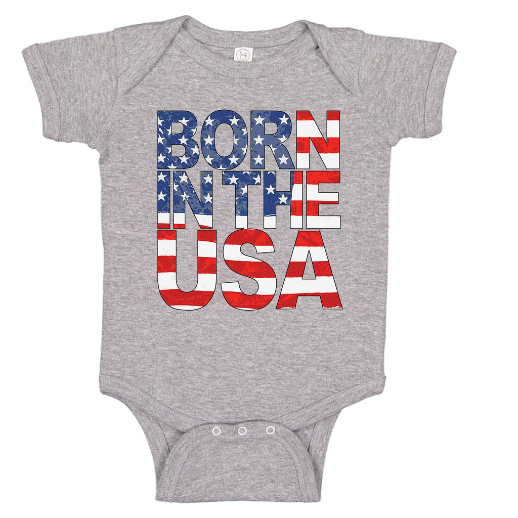 BORN IN THE USA Patriotic Merica Grunge Flag Baby Romper Bodysuit
