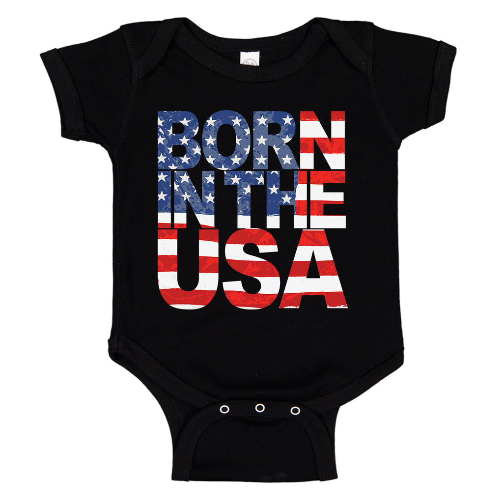 BORN IN THE USA Patriotic Merica Grunge Flag Baby Romper Bodysuit