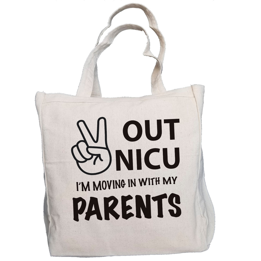 Ink Trendz® PEACE OUT NICU I'm Going Home With My Parents 10oz. Natural Canvas Cotton Tote Shoulder Bag, Hospital Bag, Hospital Baby Bag