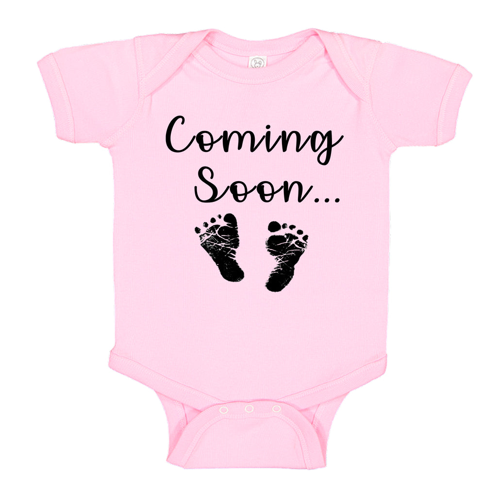 Ink Trendz® Baby Coming Soon Foot Prints Pregnancy Reveal Announcement Baby Romper Bodysuit Media 1 of 13 Pregnancy reveal, baby announcement, baby shower gift Baby Girl