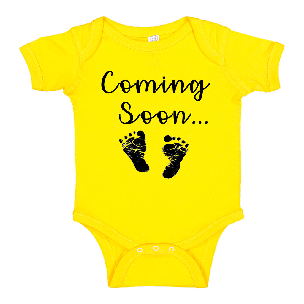 nk Trendz® Baby Coming Soon Foot Prints Pregnancy Reveal Announcement Baby Romper Bodysuit Media 1 of 13 Pregnancy reveal, baby announcement, baby shower gift Yellow Gender Neutral