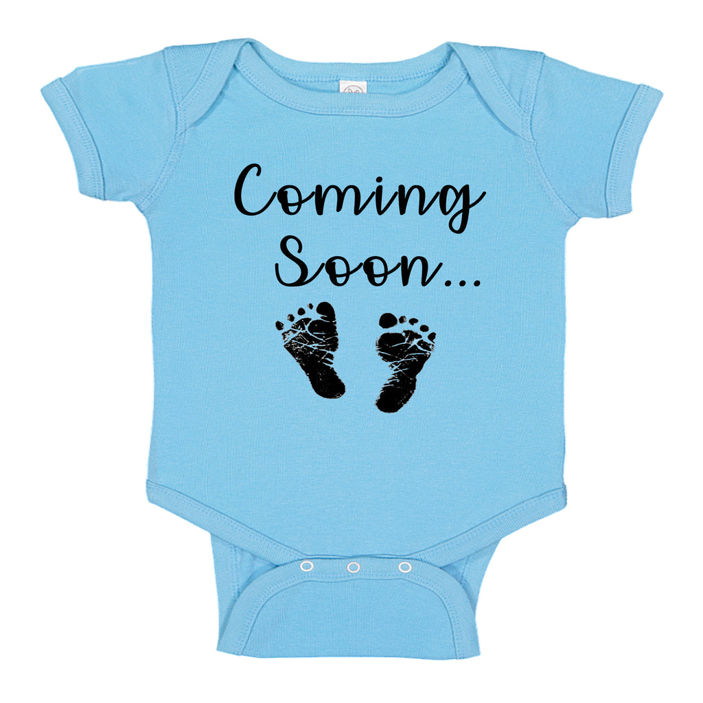 nk Trendz® Baby Coming Soon Foot Prints Pregnancy Reveal Announcement Baby Romper Bodysuit Media 1 of 13 Pregnancy reveal, baby announcement, baby shower gift baby Boy