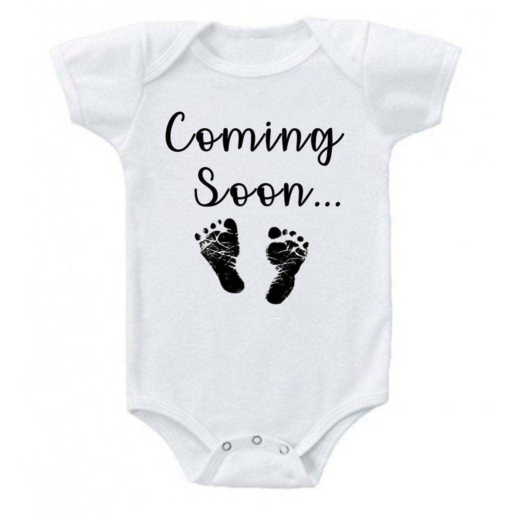 Ink Trendz® Baby Coming Soon Foot Prints Pregnancy Reveal Announcement Baby Romper Bodysuit Media 1 of 13 Pregnancy reveal, baby announcement, baby shower gift, coming soon onesie, coming soon baby onesie, Announcement onesie