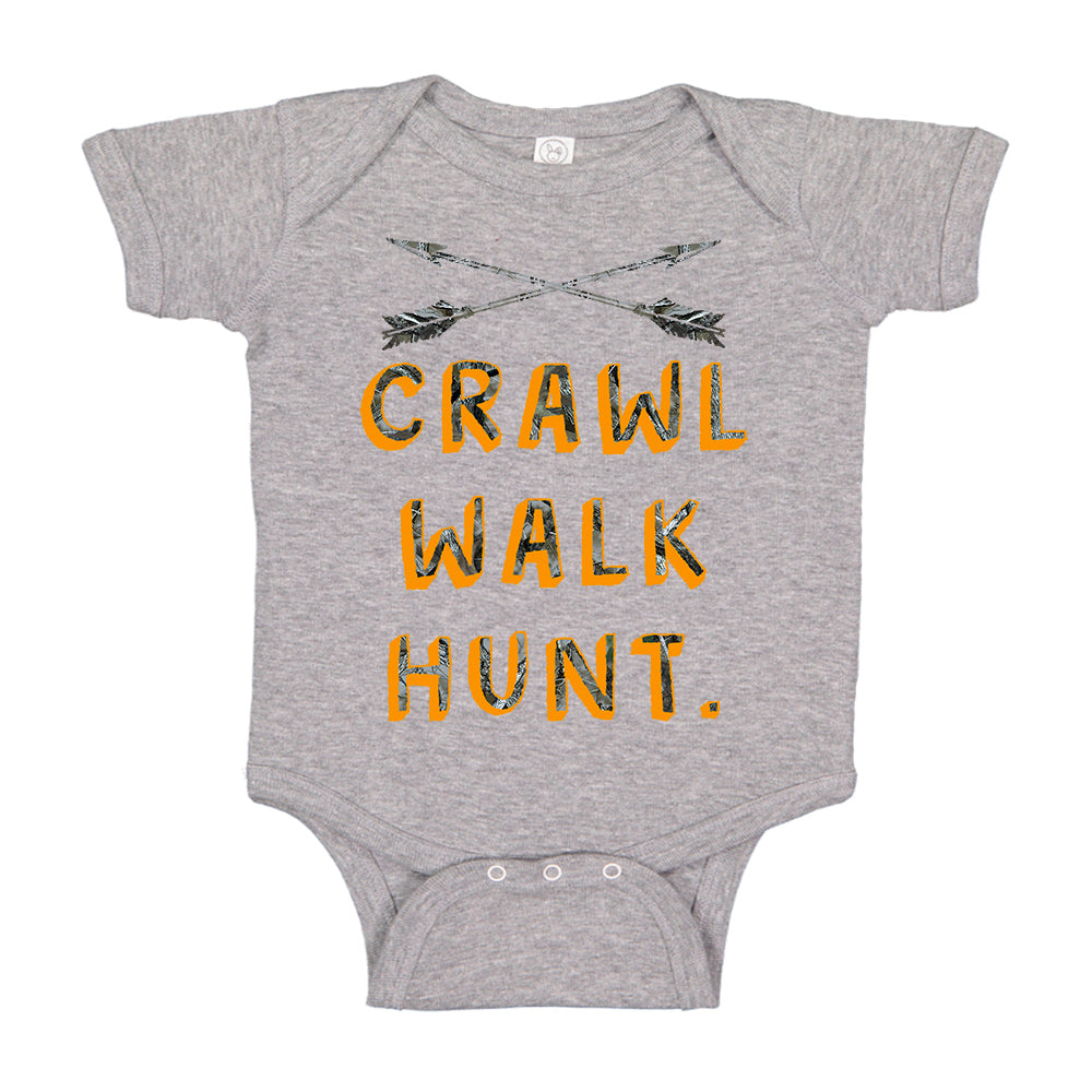 Camo Orange Crawl Walk Hunt.  Crossed Arrows Baby Bodysuit