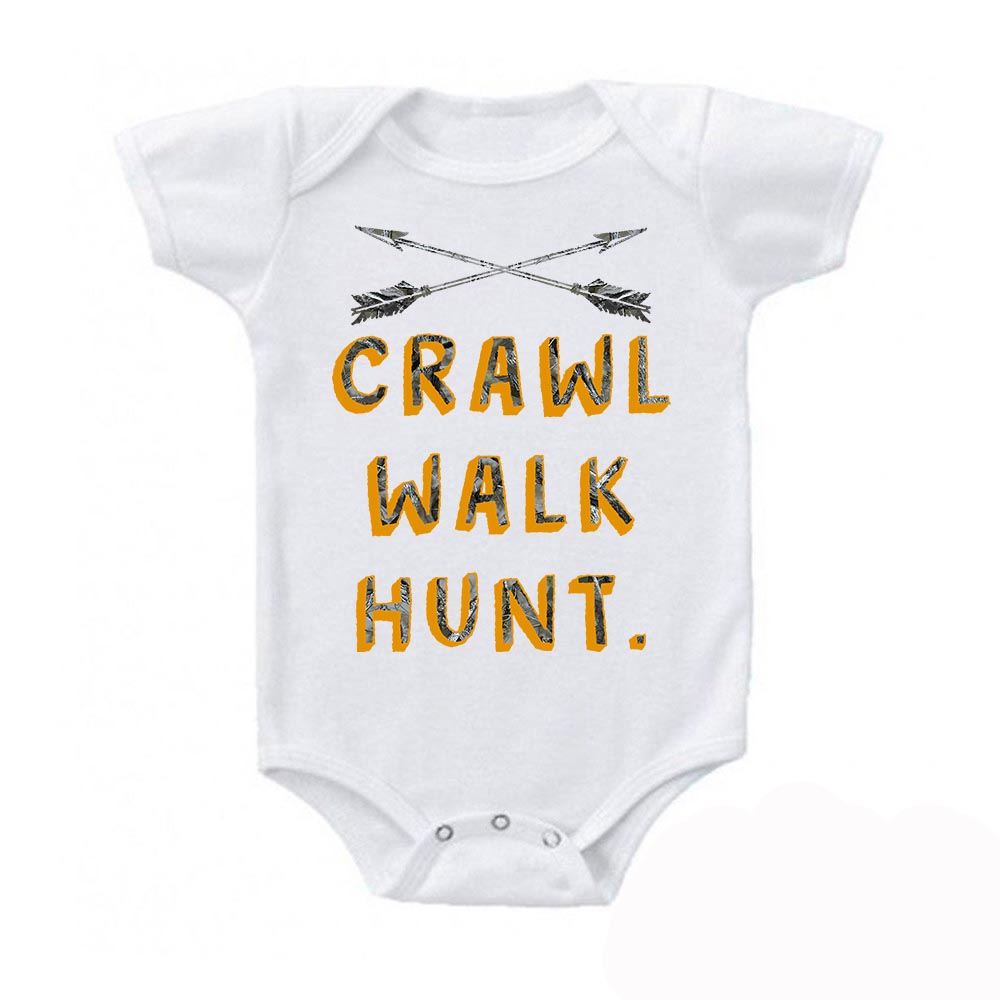Camo Orange Crawl Walk Hunt.  Crossed Arrows Baby Bodysuit
