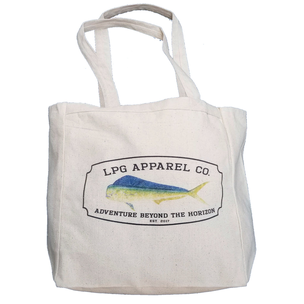 LPG Apparel Co. Mahi-Mahi Surf. Fish. Dive.  10oz. Natural Canvas Cotton Tote, Fishing themed tote Bag, Mahi Tote Bag, Mah Mahi Gear, Fishing Bag, Fishing themed lunch Bag 