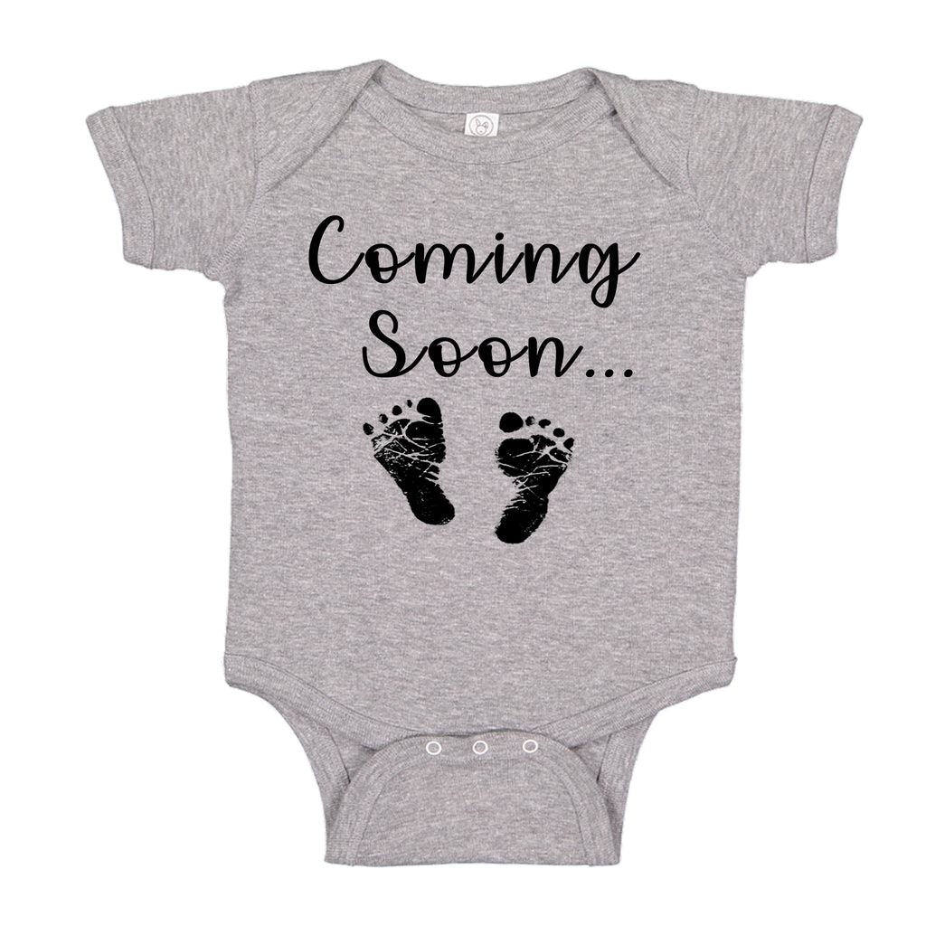 ink Trendz® Baby Coming Soon Foot Prints Pregnancy Reveal Announcement Baby Romper Bodysuit Media 1 of 13 Pregnancy reveal, baby announcement, baby shower gift