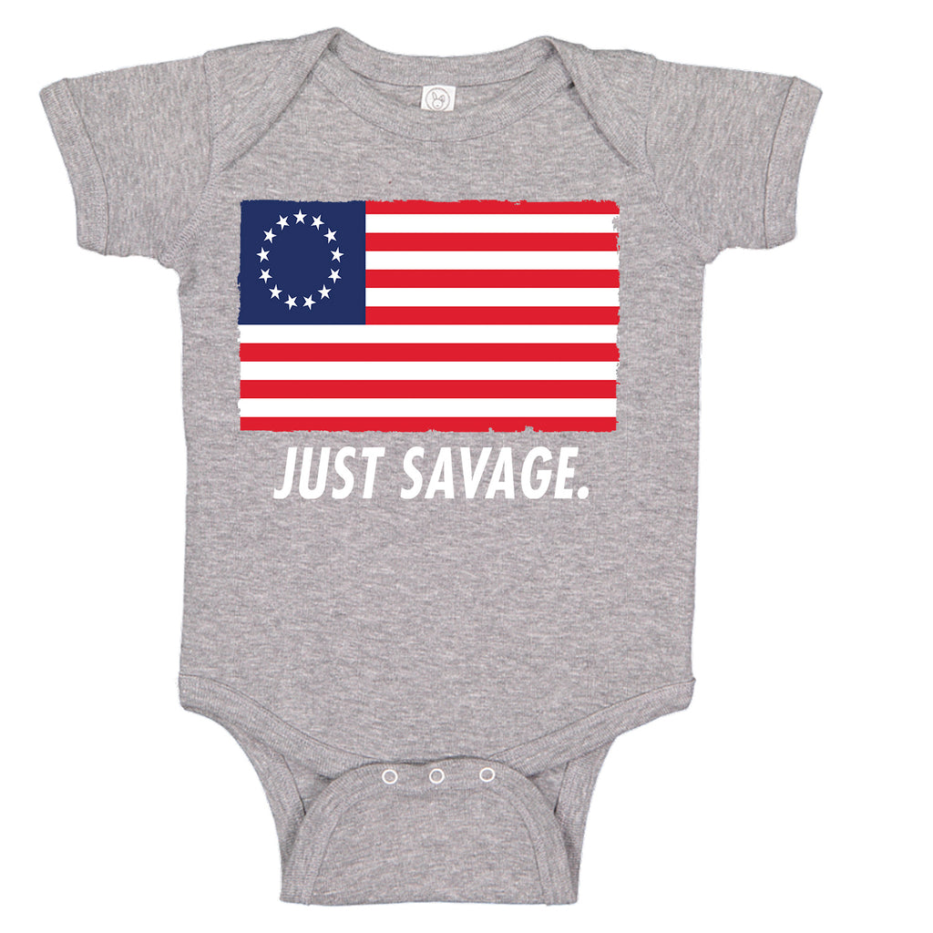 Just Savage. Betsy Ross Patriotic Premium Baby Romper Bodysuit