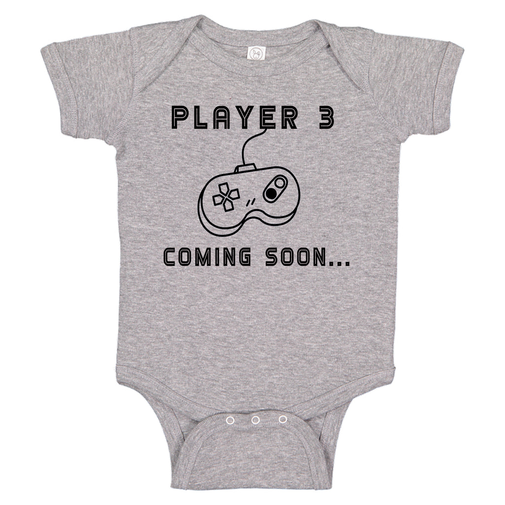 Ink Trendz® Player 3 Coming Soon.. Gamer Funny Pregnancy Reveal Novelty One-Piece Baby Bodysuit