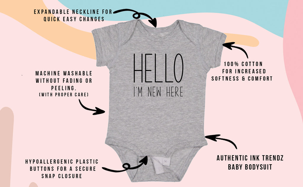 Ink Trendz® HELLO I'M NEW HERE Baby Reveal Announcement Baby Romper Bodysuit