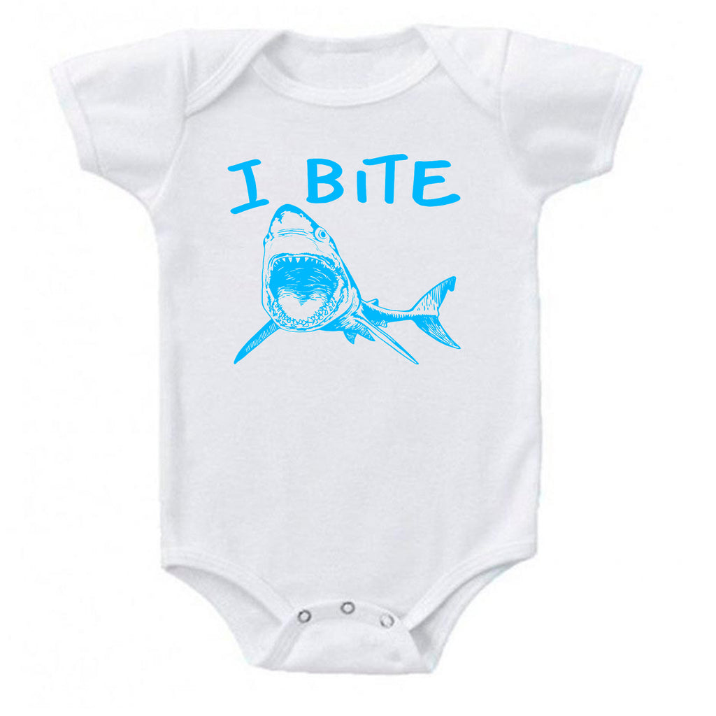 Ink Trendz® I Bite Cute Great White Shark  Baby-Toddler One-piece Bodysuit Fishing Onesie, Fising themed onesies, Shark Onesie in blue