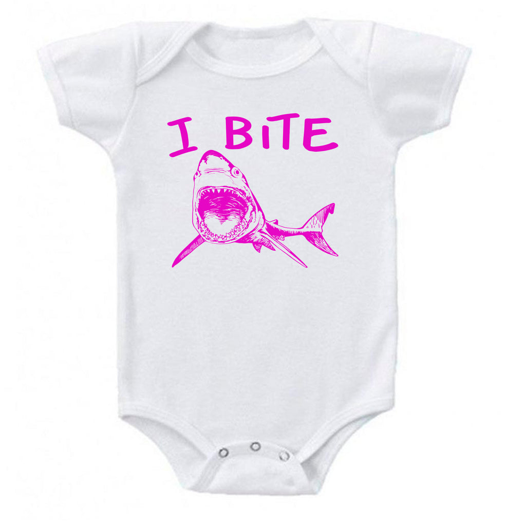 Ink Trendz® I Bite Cute Great White Shark  Baby-Toddler One-piece Bodysuit Fishing Onesie, Fising themed onesies, Shark Onesie in Pink