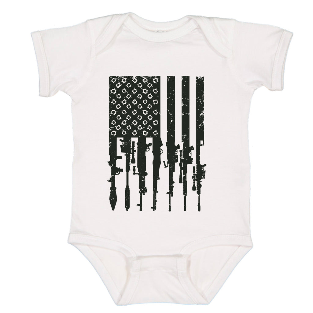 Ink Trendz® Distressed American Flag RPG Guns Freedom Baby One-piece Bodysuit