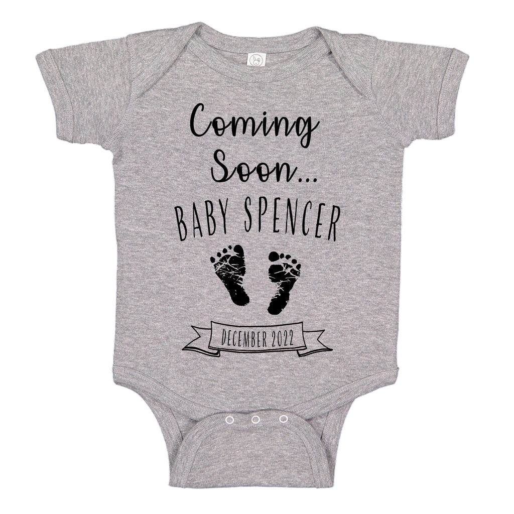 Ink Trendz® Customized Coming Soon... Name and Expecting Date Announcement Baby Bodysuit Romper onesie, Announcement Onesie, Baby Announcement, Gender Reveal Onesie, Gender Reveal, Coming Soon Onesie, Husband Baby Announcement In Heather Grey