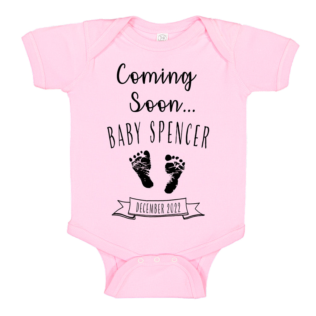Ink Trendz® Customized Coming Soon... Name and Expecting Date Announcement Baby Bodysuit Romper onesie, Announcement Onesie, Baby Announcement, Gender Reveal Onesie, Gender Reveal, Coming Soon Onesie, Husband Baby Announcement in Pink, Baby Girl, Baby Girl Reveal
