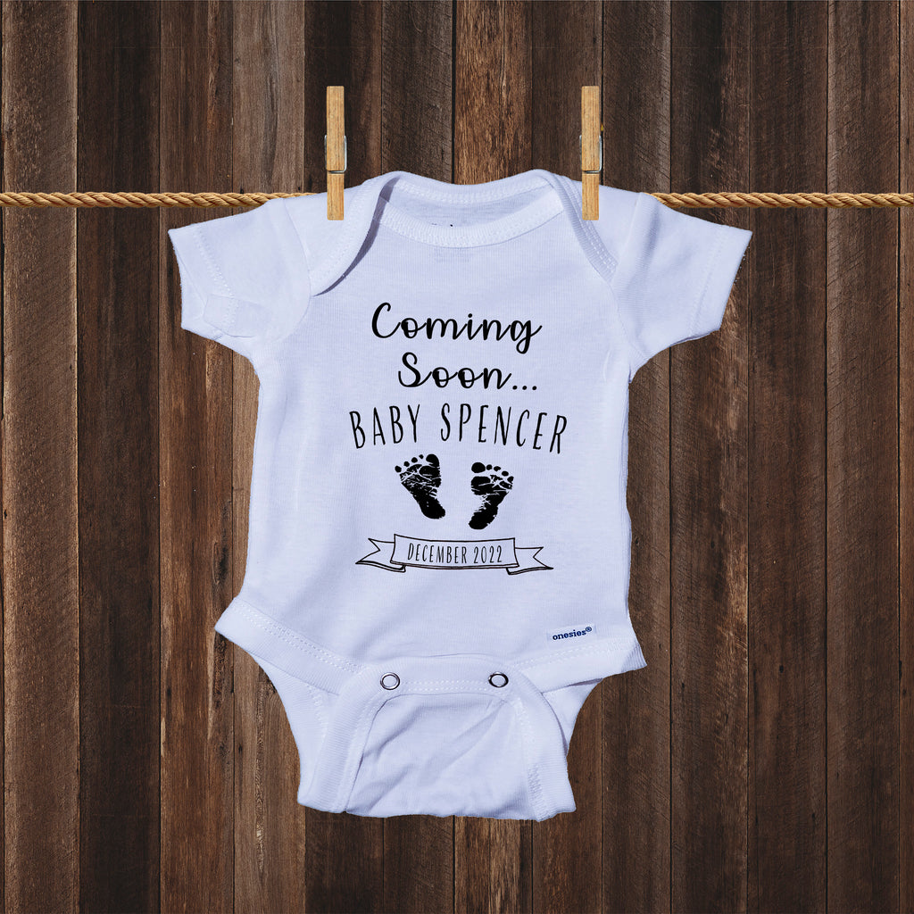 Ink Trendz® Customized Coming Soon... Name and Expecting Date Announcement Baby Bodysuit Romper Onesie