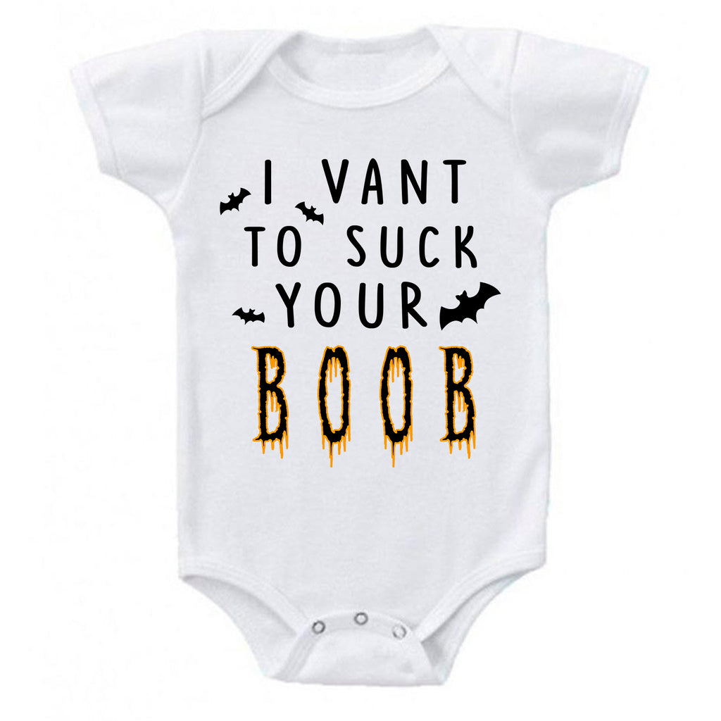 I VANT TO SUCK YOUR BOOB Vampire Themed Bats Halloween Cute Costume Bodysuit Romper